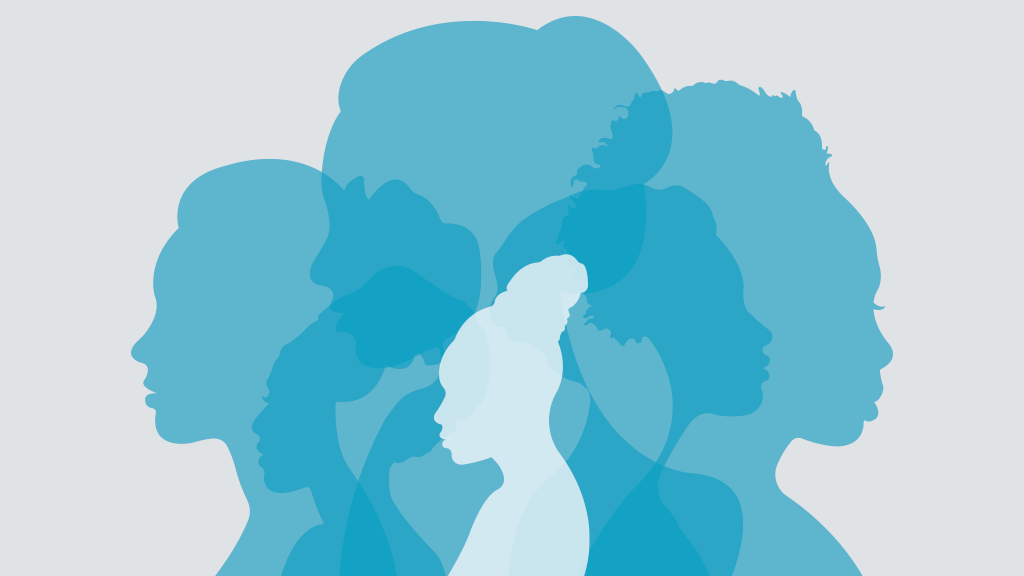An abstract graphic showing women's heads in profile