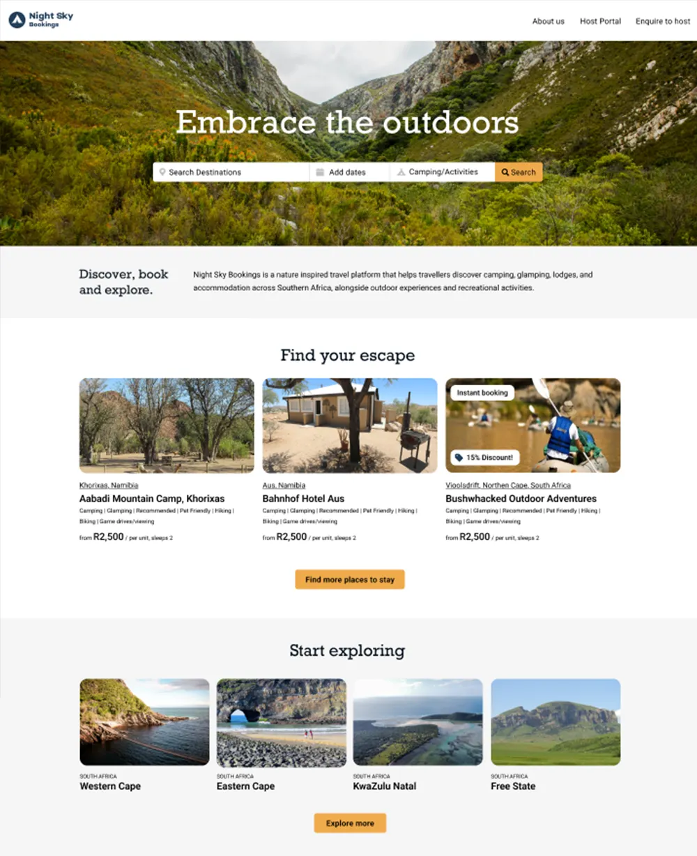 Screenshot of Night Sky Bookings camping directory and bookings website developed by KRS
